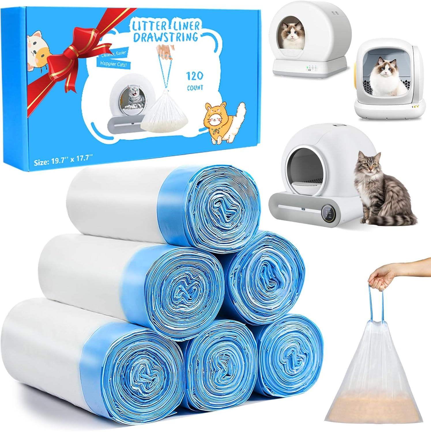 120 Count Cat Litter Box Liners Bags for MeoWant MW-SC01 / MW-SC02, Extra-Thick Cat Waste Bags for Self-Cleaning Litter Box, Drawstring Self Cleaning Trash Bags -17.7" x 19.68"